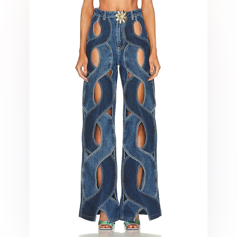 AREA Rope Cutout Jeans with Gold Flower Buckle - Picture 2 of 7